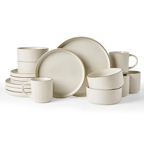 Famiware Stoneware Dinnerware Set with Mugs, Plates and Bowls, Dishes for 4 - color: White