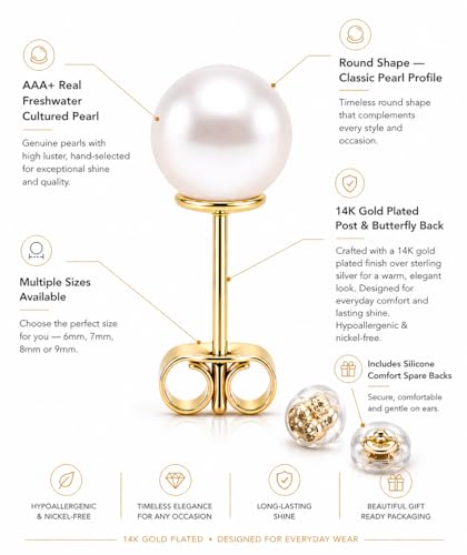 Real Freshwater Pearl Stud Earrings for Women, Hypoallergenic - color: 14K Gold Plated, size: 7.0-7.5mm