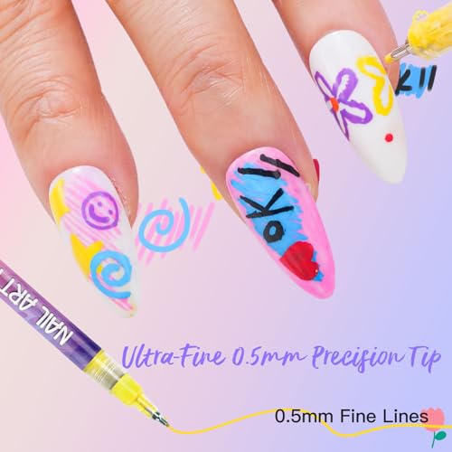 Biutee 12 Colors Nail Art Pens Set for Painting Nails 0.5 mm Fine Tip 3D - color: MulticolorA