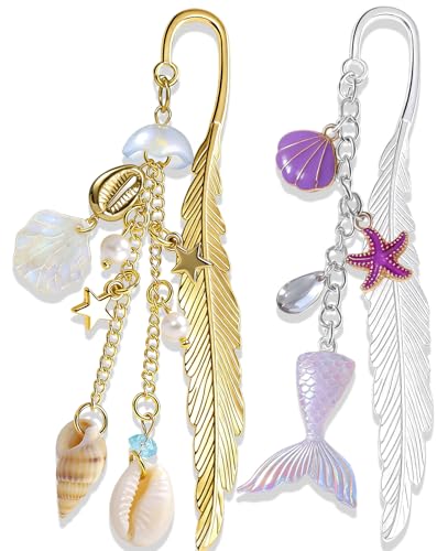 Buleens 2 Pack Bookmarks for Women Reading - Book Marks for Readers Book Lovers, Cute Sliver Ocean Seashell Personalized Metal Bookmark with Pendants, Pretty Aesthetic Book Accessories Reading Gifts - color: Sliver Gold Ocean