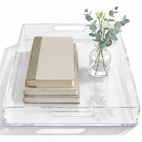 Clear Small Acrylic Serving Tray 16x12, Waterproof Modern Coffee Table Tray with Handles, Decorative Rectangle Acrylic Organizers for Living Room, Bar Cart, Bathroom Decor & Vanity Desk Decor - color: Clear, size: 16" x 12" x 2"