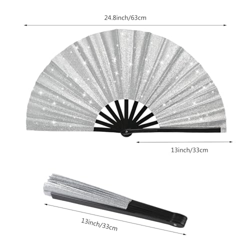 2 Pack Glitter Large Folding Hand Fans for Line Dancing, Popping Fan Large Rave Hand Fan for Boots On The Ground Dance, Concert, Party, Festival, Home Decorations(Silver) - color: 2 Silver