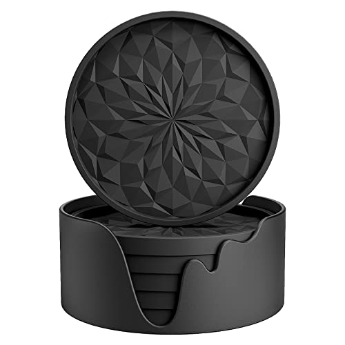 ME.FAN Silicone Coasters with Holder,[6 Pack] Drinking Coasters - Cup Mat for Hot or Cold Drinks, Thickened, Non-Slip, Non-Stick,Deep Tray Black - color: Black