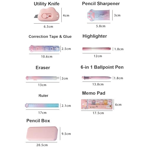 MOZXIRZ 9 Pcs Cute Pink Stationery Set Cat Paw School Supplies Kawaii Office Supplies Including Pens Pencil Sharpener Highlighter Eraser Correction Tape Ruler Utility Knife (Cat Paw-Pink) - color: Cat Paw-Pink