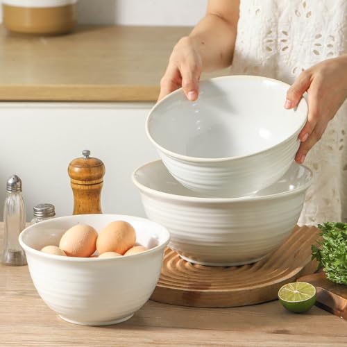Hasense Mixing Bowls, Ceramic Serving Dishes for Cooking, Baking, Prepping, Nesting Bowls for Salads, Fruit, Popcorn, 2.1/1.5/1.0 Qt, Dishwasher & Microwave Safe, Clay-Infused White - color: Clay-Infused White, size: 40+65+84 Ounce