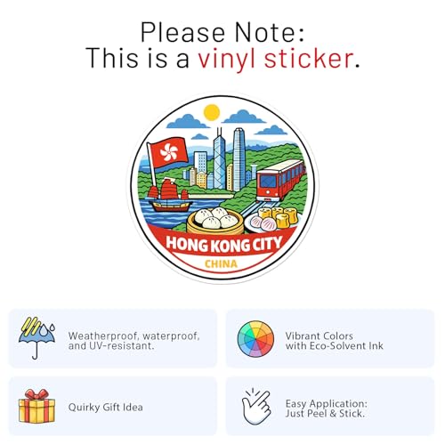 Cartoon Style China Hong Kong City Sticker - Waterproof Outdoor Vinyl Decal, 3 Inch - color: Cartoon Style China Hong Kong City, size: 3'' longer side