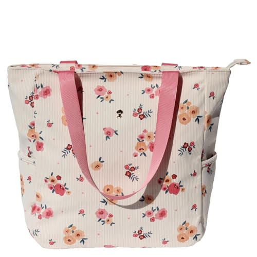 ESVAN Original Floral Water Resistant Large Tote Bag Shoulder Bag for Gym Beach Travel Daily Bags Upgraded - color: Corduroy Beige Flower