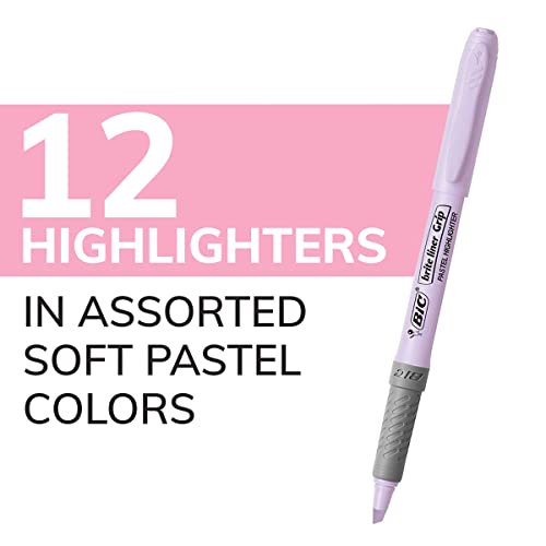 BIC Brite Liner Grip Pastel Highlighter Set, Chisel Tip, Pack of Pastel Highlighters in Assorted Colors (colors may vary), Cute Highlighters for Bullet Journaling, Note Taking and More (Pack of 18) - color: Pastel, size: 12 Count (Pack of 18)