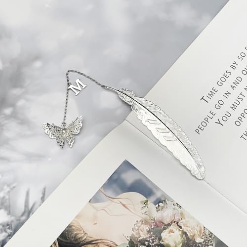 Initial Letter and Butterfly Charm Metal Feather Bookmark (Silver-M) - style: Silver-M
