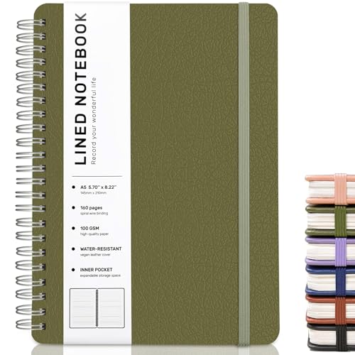 Lined Spiral Notebook for Women, A5 College Ruled Leather Spiral Journals - color: Green, size: A5