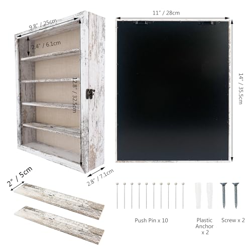 FramePro 11x14 Display Case with Adjustable Shelves White, 4-Tier Memory Shadow Box for Wall, Deep Wooden Keepsake Display Shelf with Locking Door for Memorabilia, Photos, Medals, Wedding, Home Decor - color: Rustic White, size: 11x14