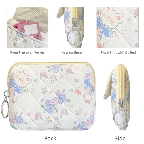 Cute Prints Cotton Quilted Coin Purse for Women Girls - color: FLOWER BEAR