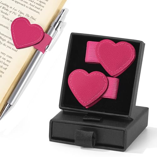 2Pcs Magnetic Leather Bookmarks with Pen Holder Gift Box, Heart-Shaped Magnetic Book Marks for Book Lover Readers Cute Leather Bookmark for Women Girls (Rose Red) - color: Rose Red
