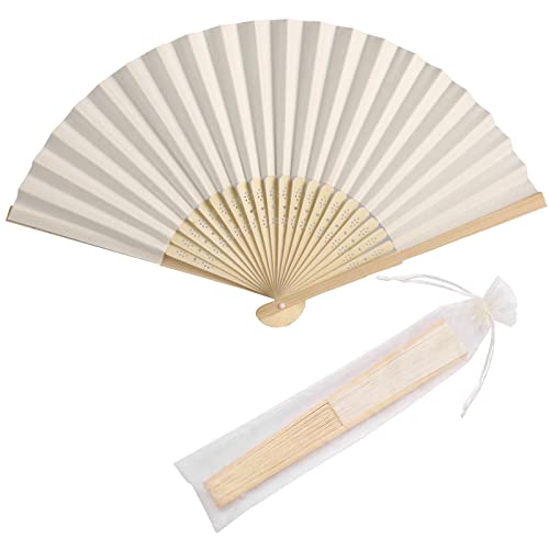 50pcs Paper Hand Fan with Organza Bags Bamboo Handheld Folding Fans DIY Decorative Wedding Party Favors (Cream) - color: Cream