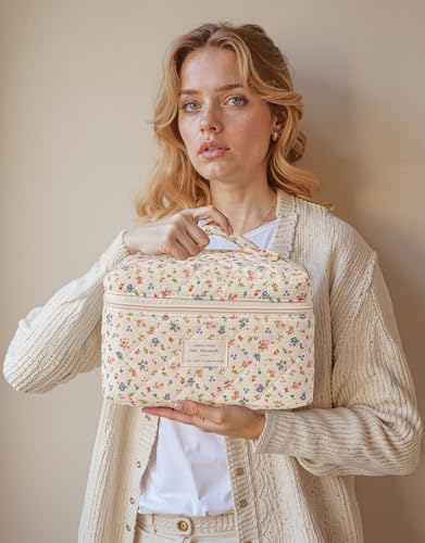 HBselect Quilted Makeup Bag, 3Pcs Cotton Large Travel Makeup Bags Organizer - color: A-3PCS-Floral 12