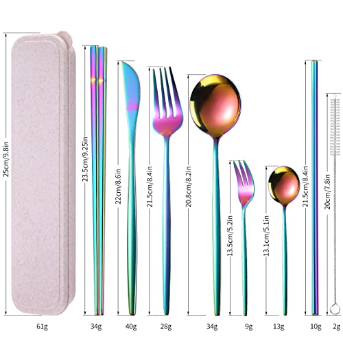 AARAINBOW 8 Pieces Stainless Steel Flatware Set Portable Reusable Cutlery Set Travel Utensils Set Including Chopsticks Knife Fork Spoon Straws Cleaning Brush Dishwasher Safe (Multicolored) - color: Multicolor