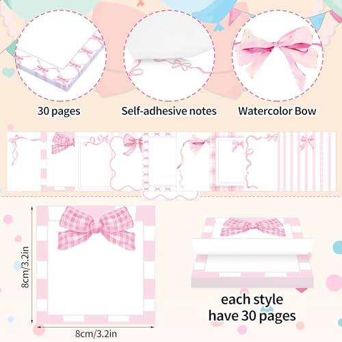 FYSUIMU 9Pcs Pink Bow Sticky Notes Watercolor Bowknot Square Self Adhesive Notepad Removable Memo Pad or Home Classroom Office Party Decor