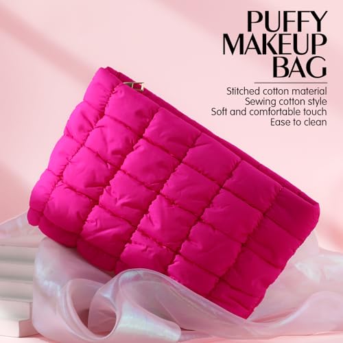 Hillban Hot Pink Puffy Quilted Makeup Bag for Women Gift, Classic - color: Hot Pink, size: Classic