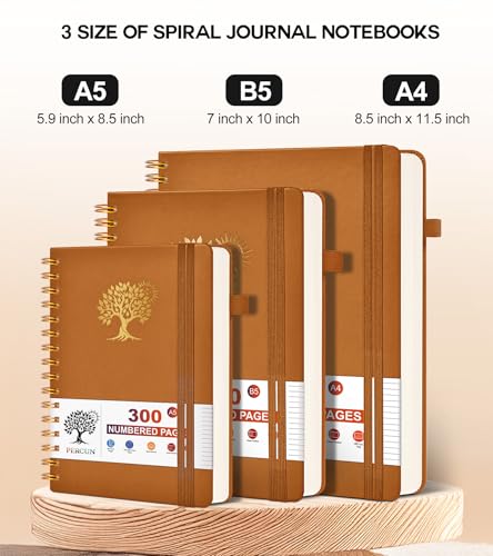PERCUN Spiral Notebook 300 Numbered Lined Pages Hardcover Journal 8.5"x11" - color: Brown, size: A4 size (8.5in x 11.5in)