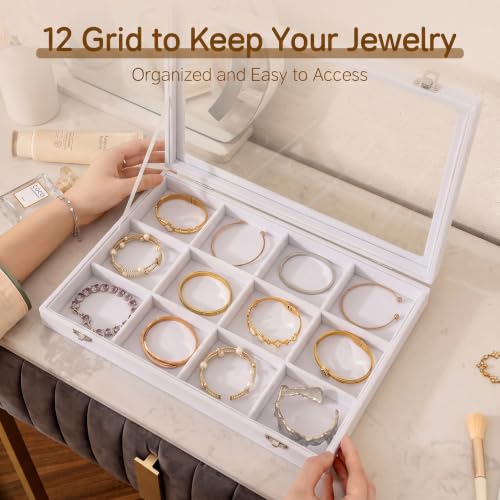 Frebeauty 12 Grid Bracelet Holder Box,Velvet Jewelry Tray with Clear Lid - color: White, size: 12 Grid