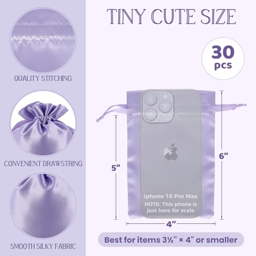 30Pcs Small Satin Gift Bags, 4x6 Purple Cloth Drawstring Pouch - color: Purple, size: 4×6 in