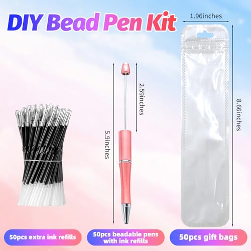 150 Pieces DIY Beadable Pen Kit – 50 Plastic Ballpoint Pens with Refills & Bags – School Supplies, Office Accessories & Decorative Items for Students & Teachers （Pink） - color: Pink color, size: 50