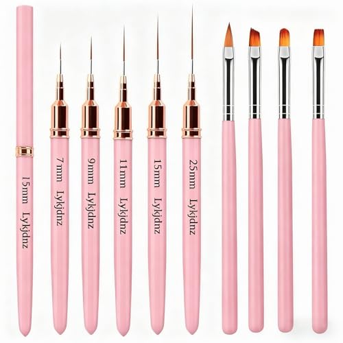 9Pcs Nail Art Brushes Set, 5 Pink Art Liners & 4 Multi-Shape Gel Brushes