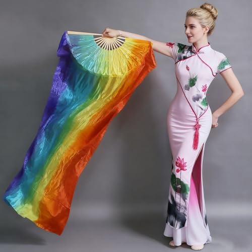 BRYCTSISEN Silk Belly Dance Fan Veil 2 Pairs Long Performance Folding Fan - color: Gradual Blue