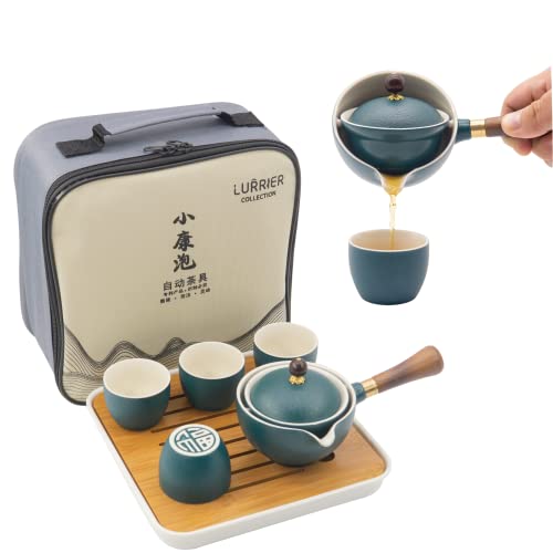 LURRIER Porcelain Chinese Gongfu Tea Set,Portable Teapot Set with 360 Rotation Tea maker and Infuser,Portable All in One Gift Bag for Travel,Home,Gifting,Outdoor and Office (Green) - color: Green