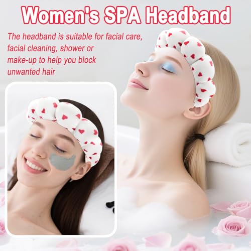 Zkptops Spa Headband for Washing Face Wristband Set Sponge Makeup Skincare Velvet Fabric Bubble Soft Get Ready Hairbands for Women Puffy Headwear Non Slip Thick Thin Hair Accessory (Red Heart) - color: ZYC Red Heart