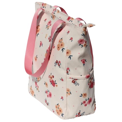 ESVAN Original Floral Water Resistant Large Tote Bag Shoulder Bag for Gym Beach Travel Daily Bags Upgraded - color: Corduroy Beige Flower
