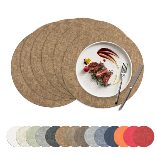 Placemats Set of 6, 15 Inch Round Faux Leather Place Mats - color: R-brown