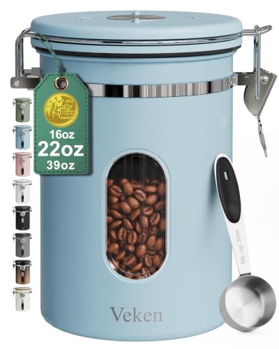 Veken Coffee Canister with Window, Airtight Stainless Steel Container, 22OZ - color: Light Blue, size: 22 oz