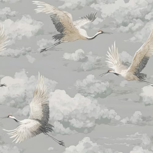 Vintage Crane Cloud Peel and Stick Wallpaper, Chinoiserie Gray Wallpaper - size: 17.7" x 236"