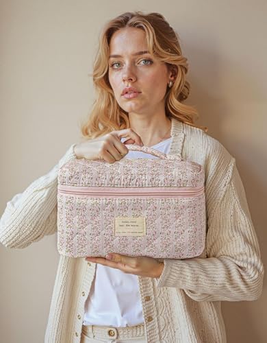 HBselect Quilted Makeup Bag, 3Pcs Cotton Large Travel Makeup Bags Organizer - color: A-3PCS-Floral 16