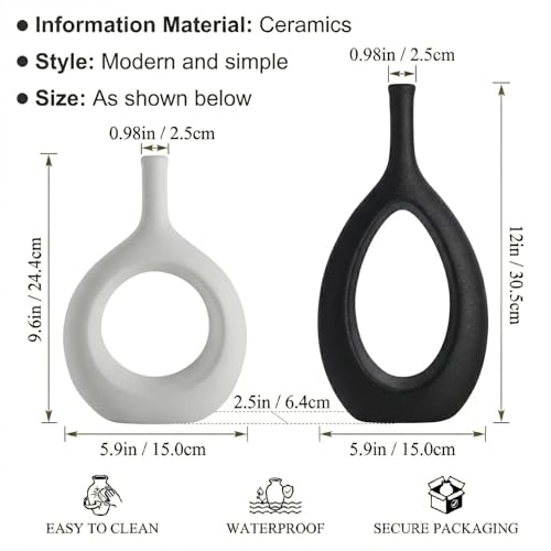 Black and White Ceramic Hollow Elliptical Vase Set of 2 - Boho Circle Vase with Hole, for Modern Black and White Table Decor, Living Room Decor Shelf mid Century Modern Home Entrance Decorative vase - color: Big Black Little White