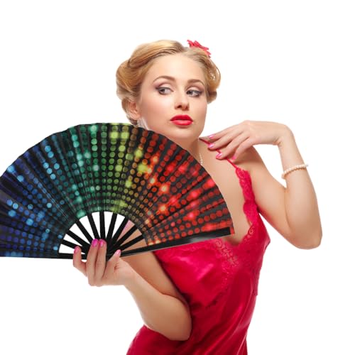 Large Folding Hand Rave Fan for Men/Women, Popping Fan for Line Dancing, Decorative Folding Hand Fan for Boots On The Ground, Festival, Gift, Home Decorations(Neon Light) - color: Neon Light