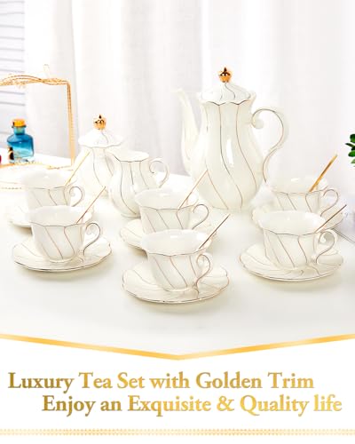 DUJUST 22 pcs White Porcelain Tea Set for 6, Luxury British Style Tea/Coffee Cup Set with Golden Trim, Beautiful Tea Set for Women, Tea Party Set, Gift Package (With a Stand) - color: 22pcs White