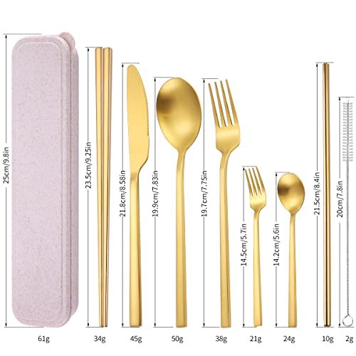 AARainbow 8 Pieces Stainless Steel Flatware Set Portable Reusable Cutlery Set Travel Utensils Set Including Chopsticks Knife Fork Spoon Straws Cleaning Brush Dishwasher Safe (B-Golden) - color: B-Golden
