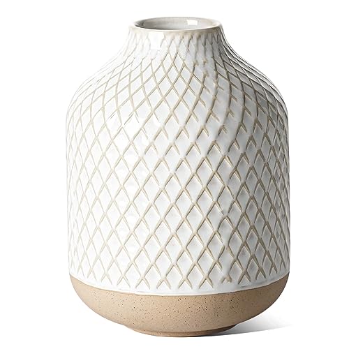 Small Boho Vase for Decor,Rustic Farmhouse Vase for Pampas Grass,Eucalyptus Set and Tiny Stem Flowers,Ceramic Vintage for Centerpieces, 5.3 Inch -Rhombus, Embossment - color: Rhombus