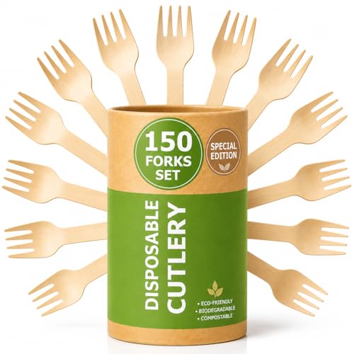 150 Wooden Forks SPECIAL EDITION, Alternative to Plastic and Bamboo Fork - 100% Compostable Fork, Eco Friendly, and Biodegradable Wooden Forks Disposable for Lounge Party Wedding, BBQ - size: 150Pcs Forks