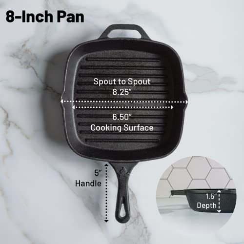 8 Inch Square Grill Pan Medium Pre-Seasoned Cast Iron - size: 8”
