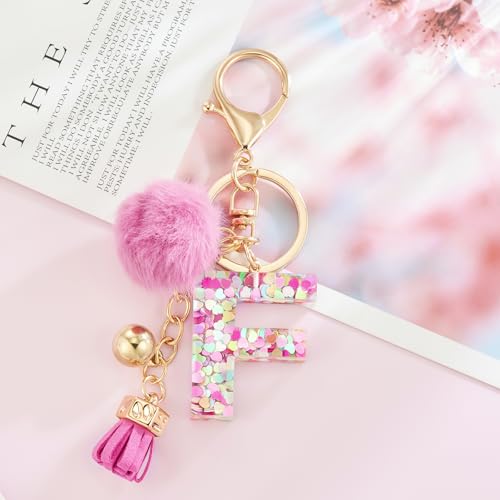 Resin Alphabet Initial Letter Keychain Keyring for Women Purse Handbags With Fur Ball Pom - color: Deep Pink Fur Ball Letter F