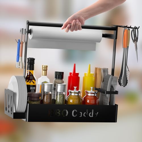 Grill Caddy for Outdoor Grill, BBQ Caddy with Paper Towel Holder & 4 Hooks - color: Black-1