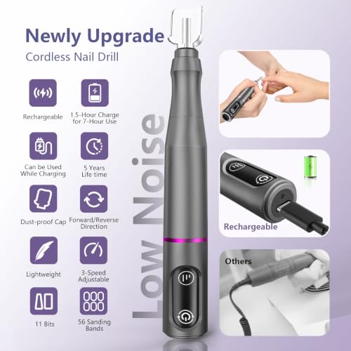 TUOBEO Cordless Nail Drill Electric Nail File Kit, Rechargeable Efile Set - color: Gray