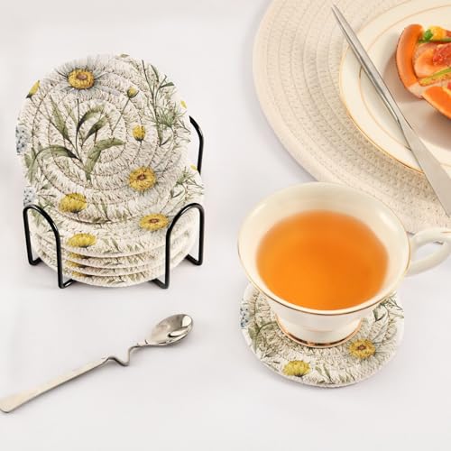 Wildflower Daisy Drink Coasters Set - 6 Pcs Minimalist Woven Coasters with Holder for Home Decor, 3.94 Inch Absorbent Coasters for Drinks - color: A02