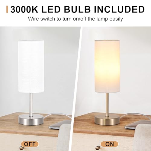 RISLG 2 Pack Small Table Lamp for Bedroom, Bedside Lamp for Nightstand, Minimalist Modern Desk Lamp with Linen Fabric Shade for Living Room, Office, Kids Room, Dorm, LED Bulb Included - color: 2 Pack White-Silver, size: 13in