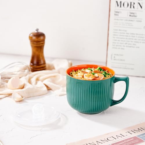Ceramic Soup Bowl with Handle & Lid, Large 32oz Microwave Ramen Bowl Green - color: Green/Orange-32, size: 32 OZ