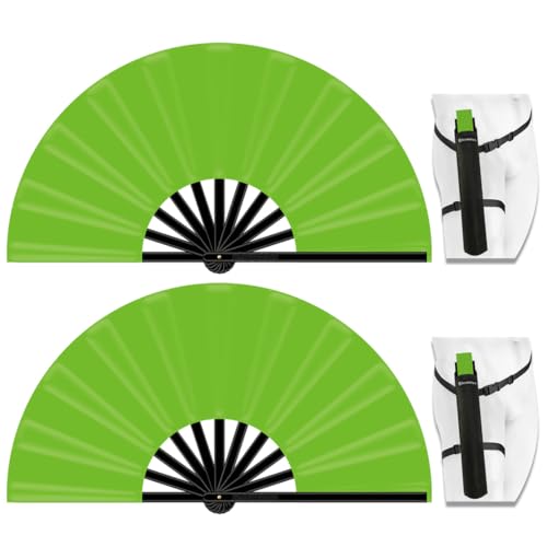 13" Large Folding Rave Fan with Holster, Clack Hand Fans Foldable for Line Dancing for Women Men Festival EDM Party Decoration, Green 2 Pack - color: Green