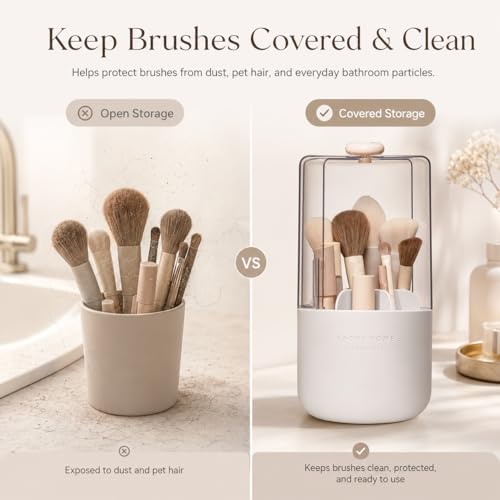EACHY Makeup Brush Holder with Lid, 360° Rotating Vanity Organizer for Brushes, Dustproof Cosmetic Display Case, 7 Compartments, Waterproof Plastic (White) - color: White